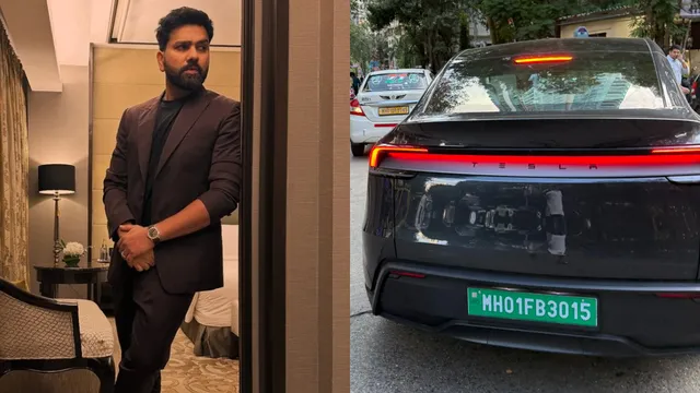 rohit-sharma-in-brand-new-tesla-car-with-ritika-sajdeh-samaira-ahaan-with-personalised-number-plate-video