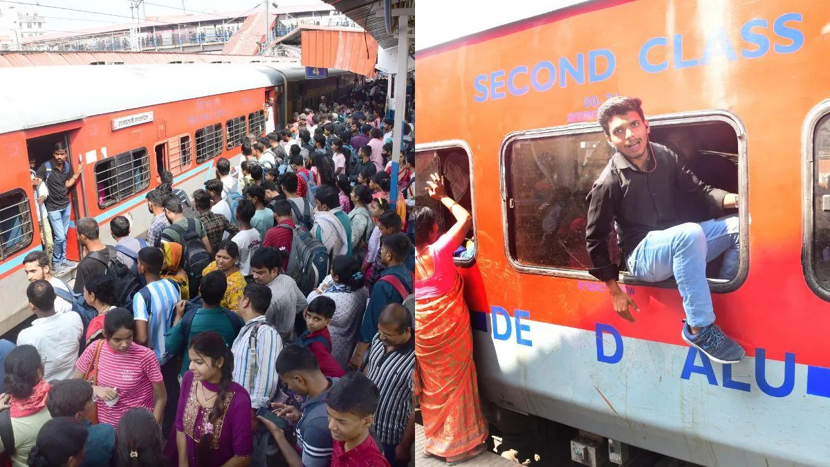 chhath-puja-rush-passengers-hang-from-doors-on-overcrowded-trains-to-bihar