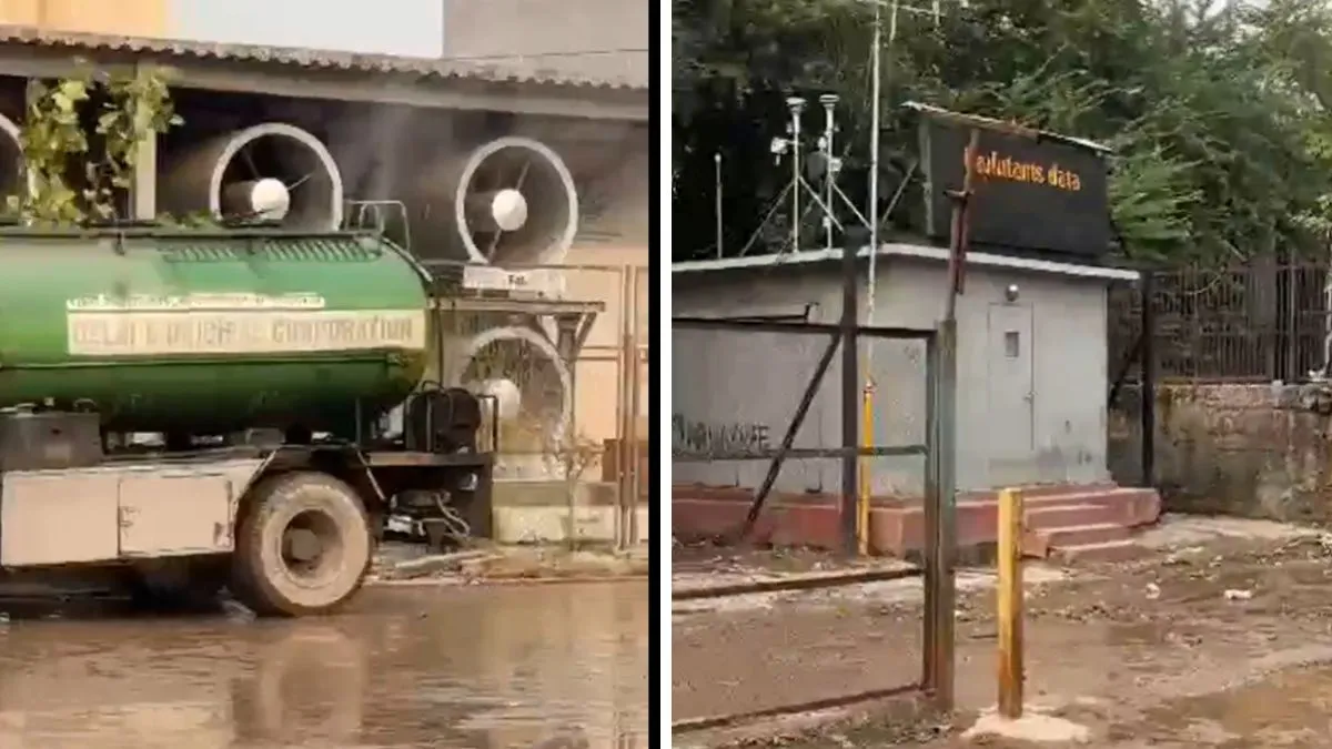 anand-vihar-aqi-station-sprayed-with-mist-by-mcd-water-tankers-aap-alleges-air-quality-data-manipulation-video