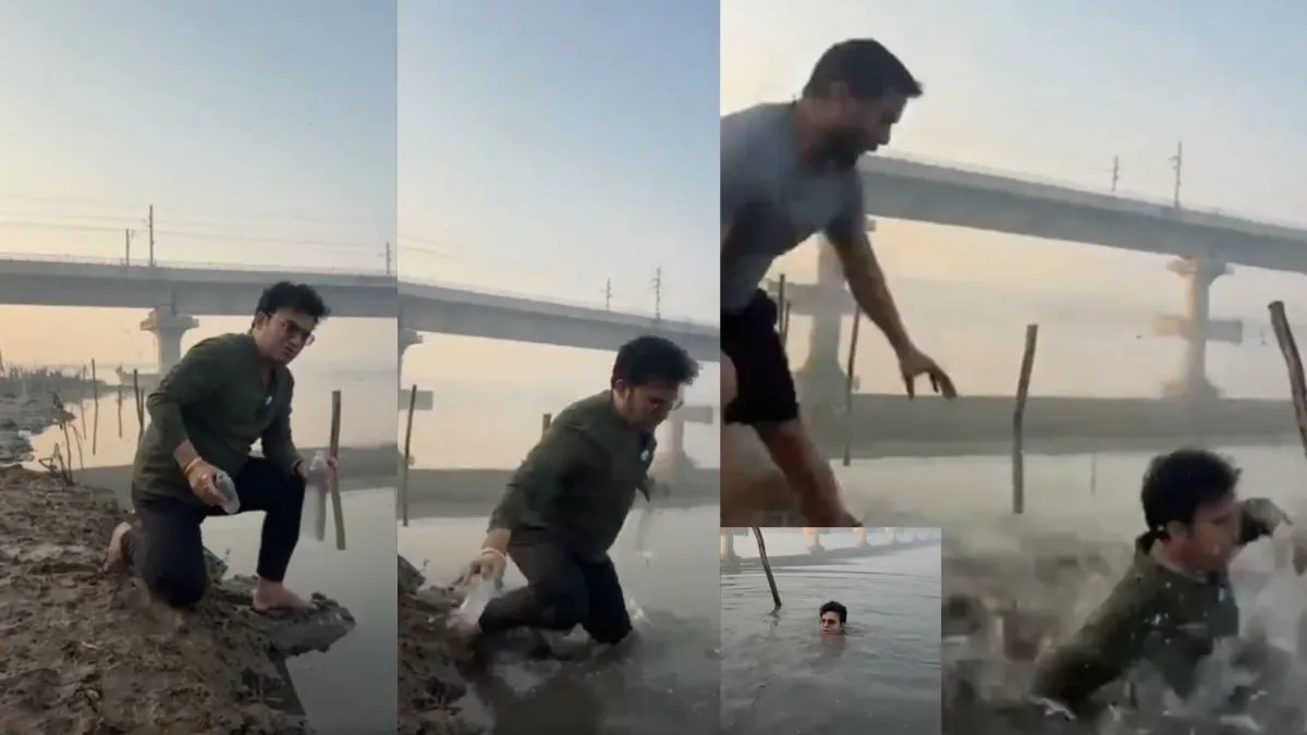 bjp-mla-ravi-negi-falls-into-yamuna-while-filming-reel-aap-says-even-yamuna-is-fed-up-with-his-lies-watch