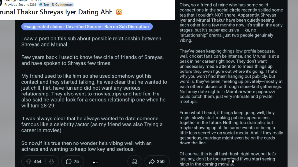 Reddit post about Mrunal and Shreyas dating