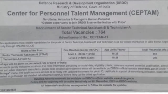 drdo-ceptam-11-recruitment-2025-short-notice-release-apply-online-for-stab-technician-a-764-posts-from-december-9-at-drdogovin
