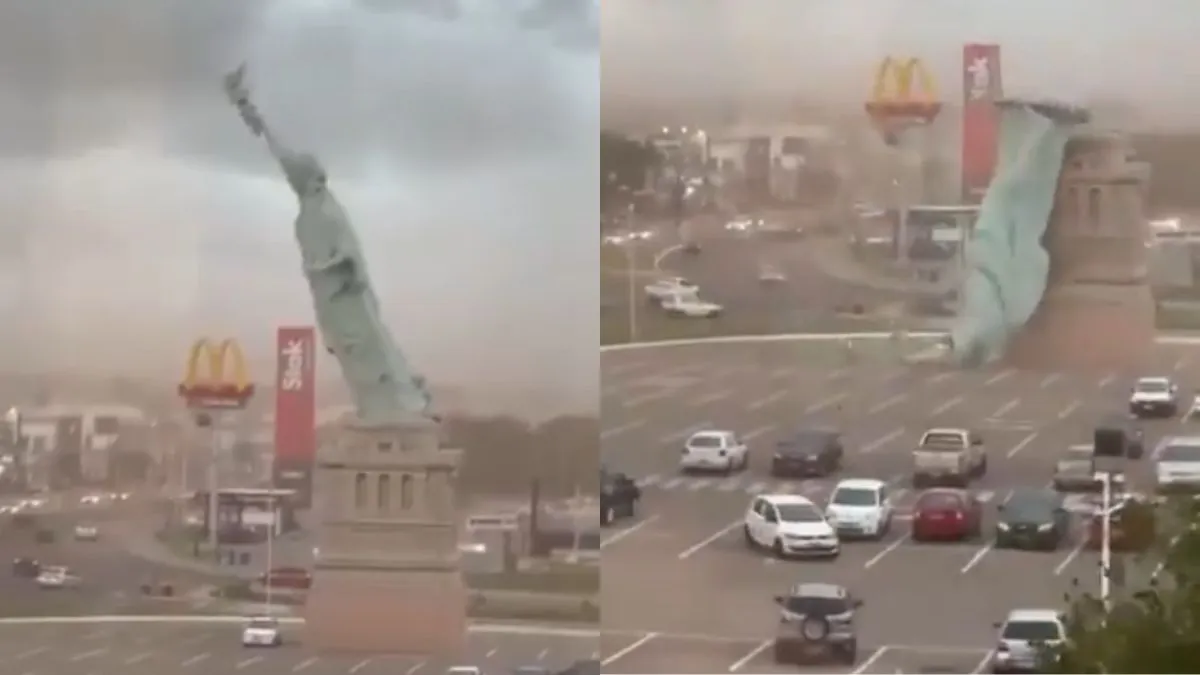 Statue Of Liberty's Giant Replica Topples After Strong Winds Hit Guaíba