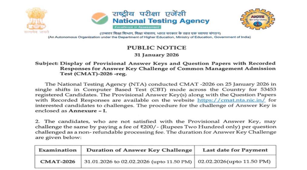 CMAT 2026 Provisional Answer Key OUT: Objection Window Open At cmat.nta ...