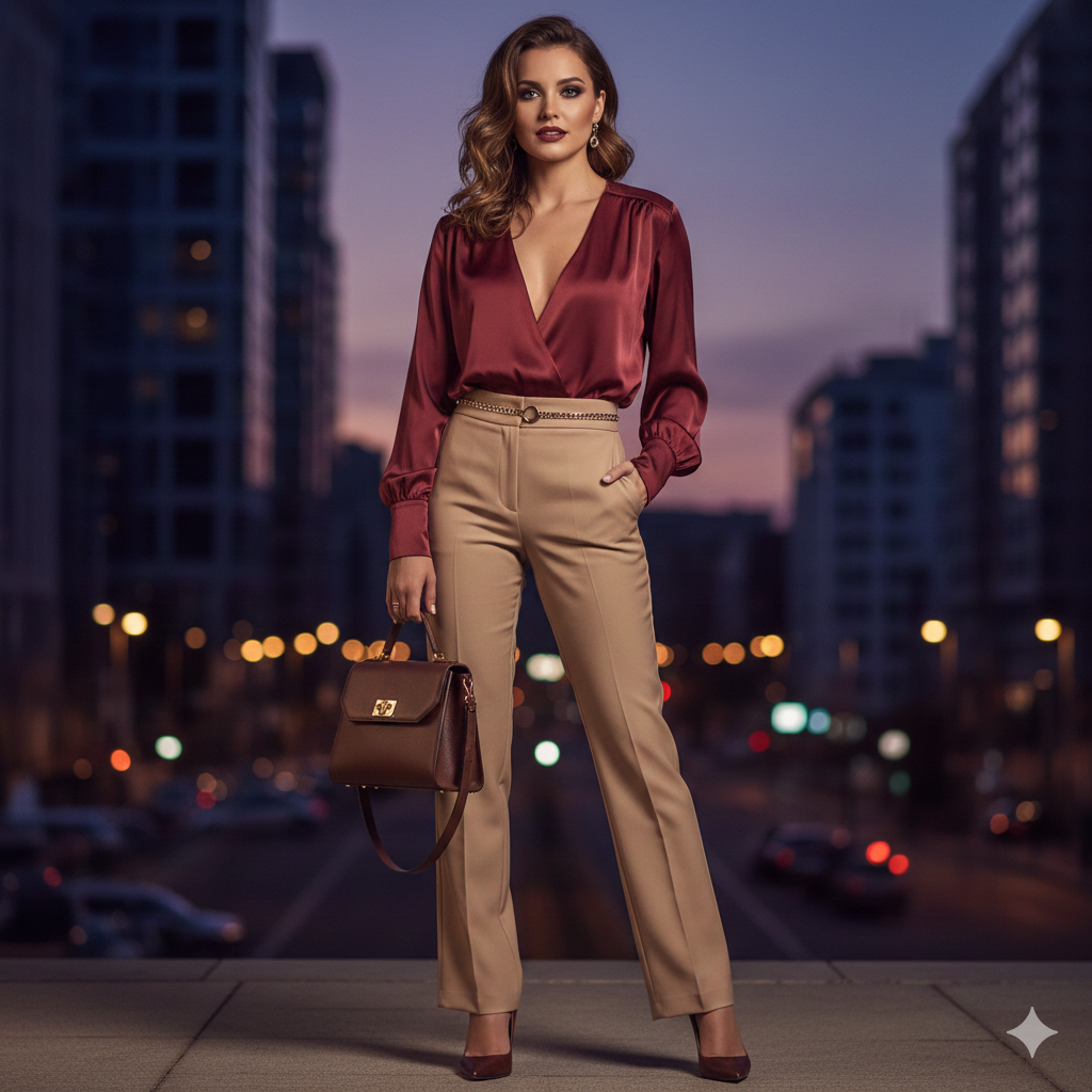 Burgundy Top With Beige Pants
