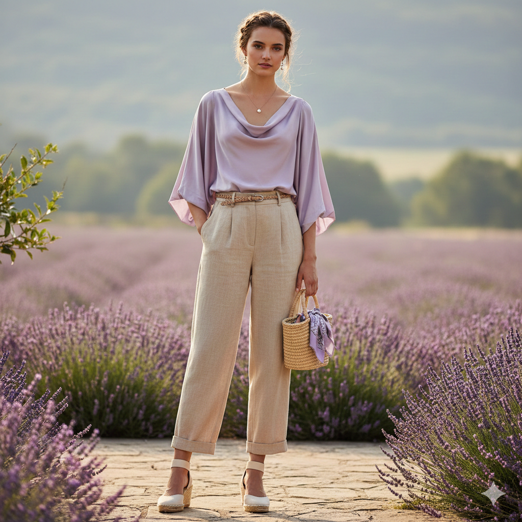 Lavender Top With Beige Pants