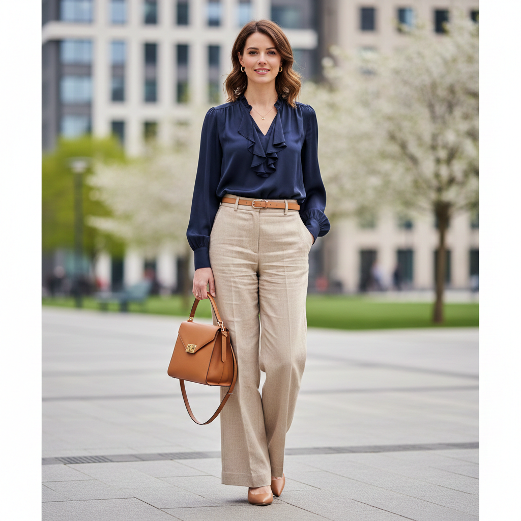 Navy Blue Top With Beige Pants