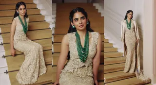 Isha Ambani Exudes Royalty In Anamika Khanna’s Beige Mermaid-Style Lehenga