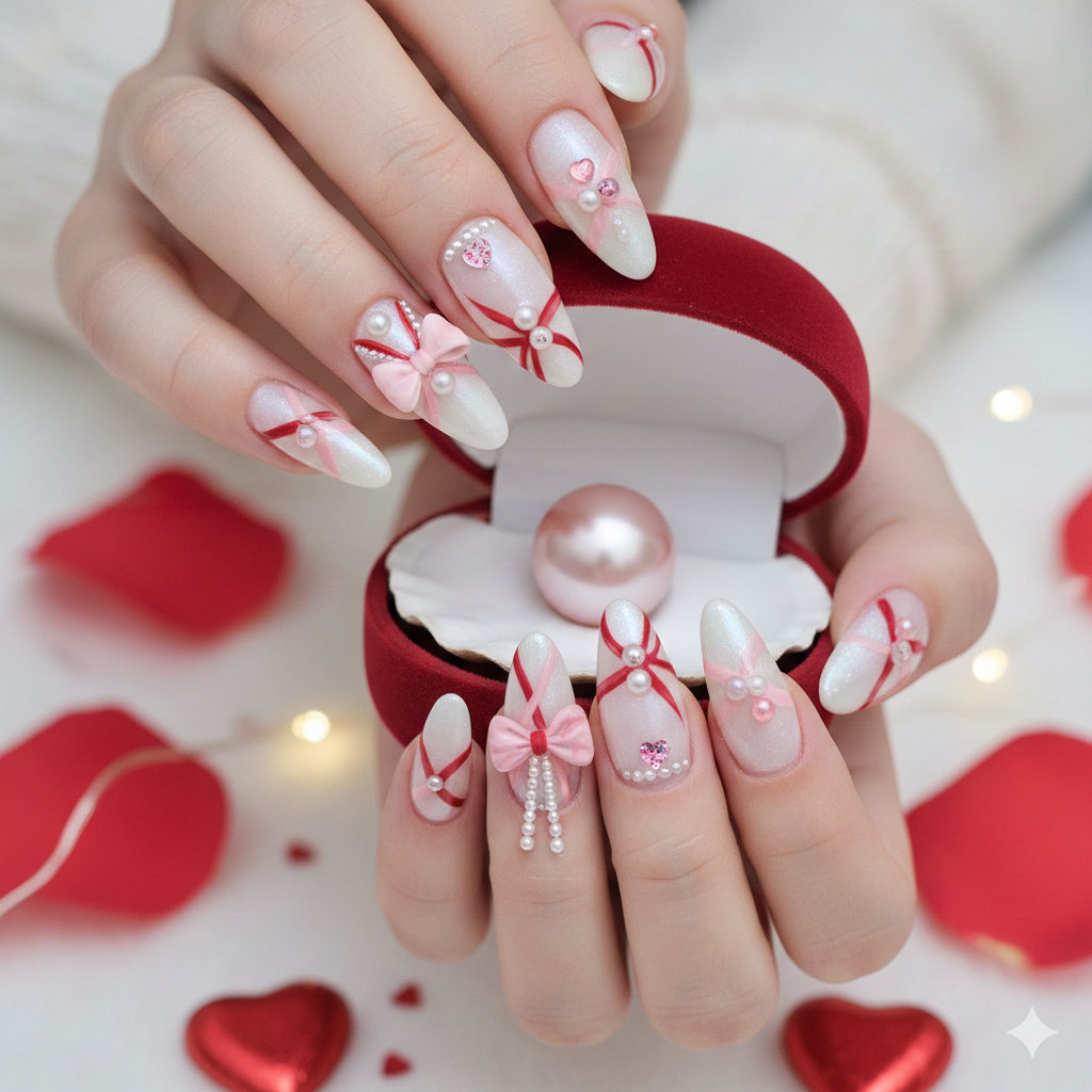 Ribbons And Pearls Nails