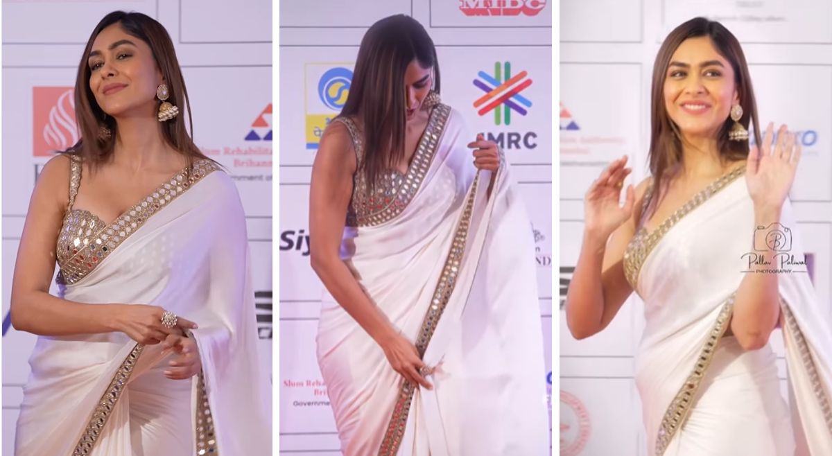 Mrunal Thakur Mirror work ivory saree