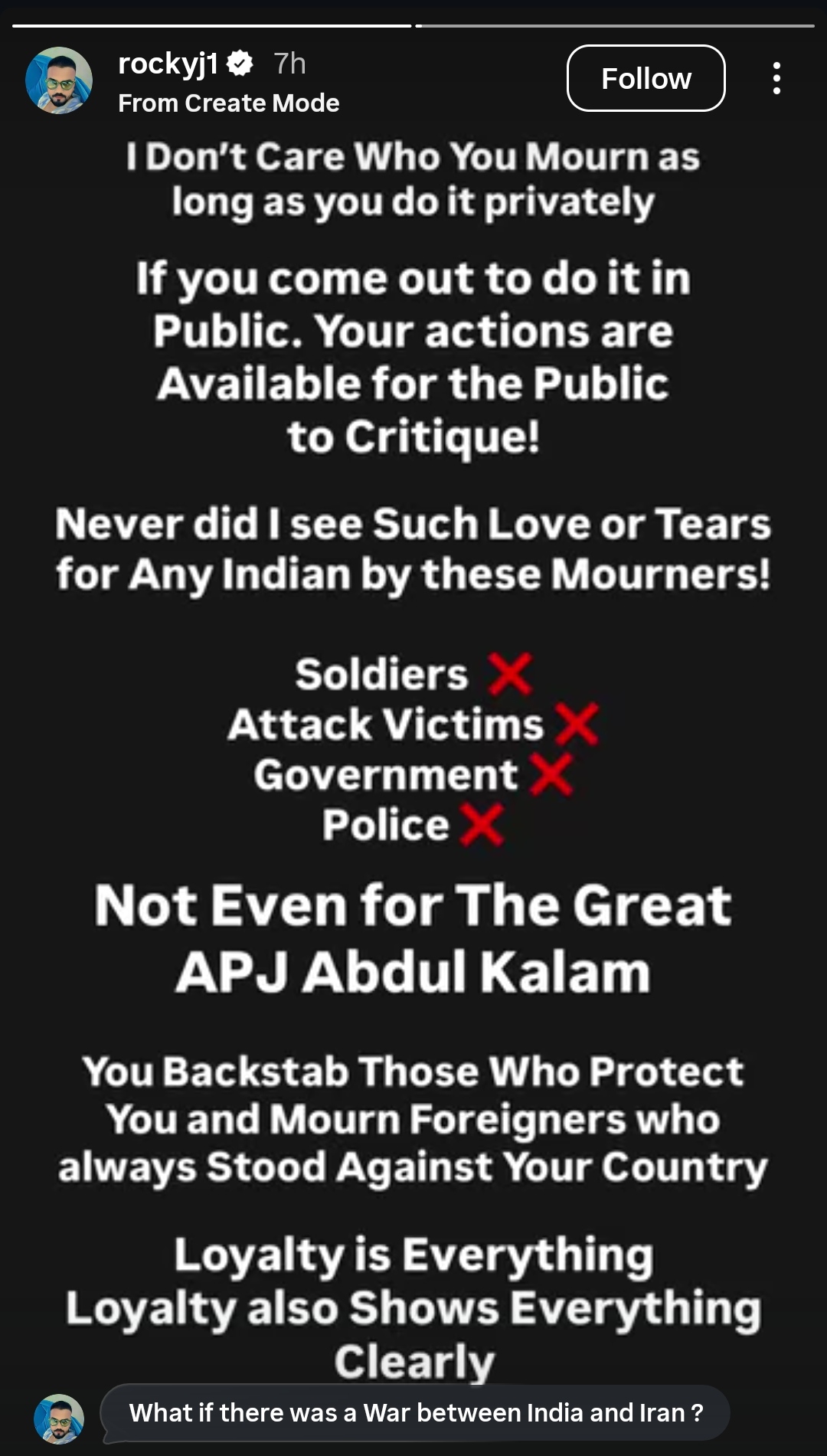 rockey jaiswal slams people mourning iran leader death