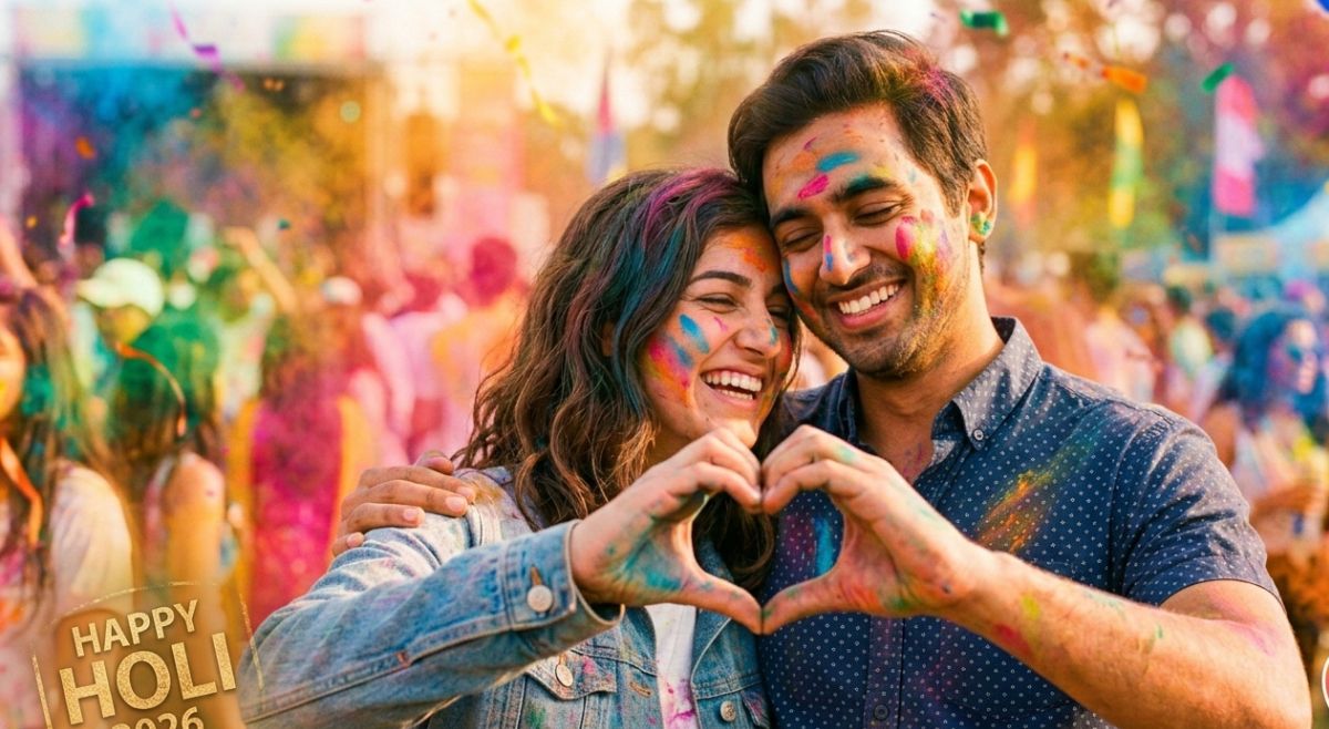 couple pose for holi