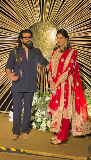 ram charan barefoot at rashmika reception