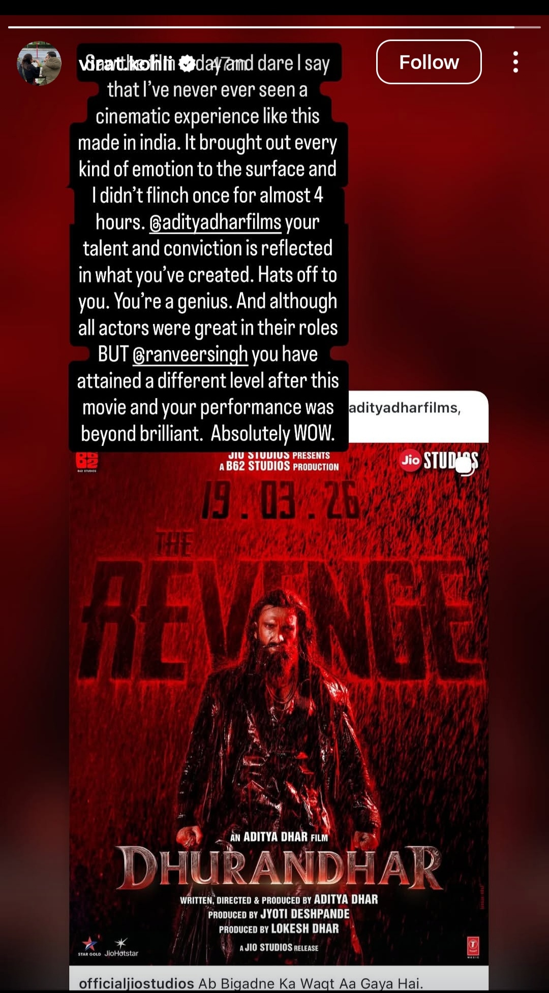 virat kohli praises dhurandhar 2