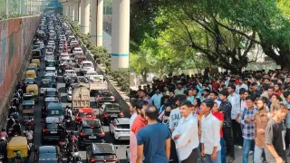 Delhi-Noida Border Sees Massive Traffic Jam Amid Workers' Protest; Vehicles Queue For Kilometres; Check Choke Points