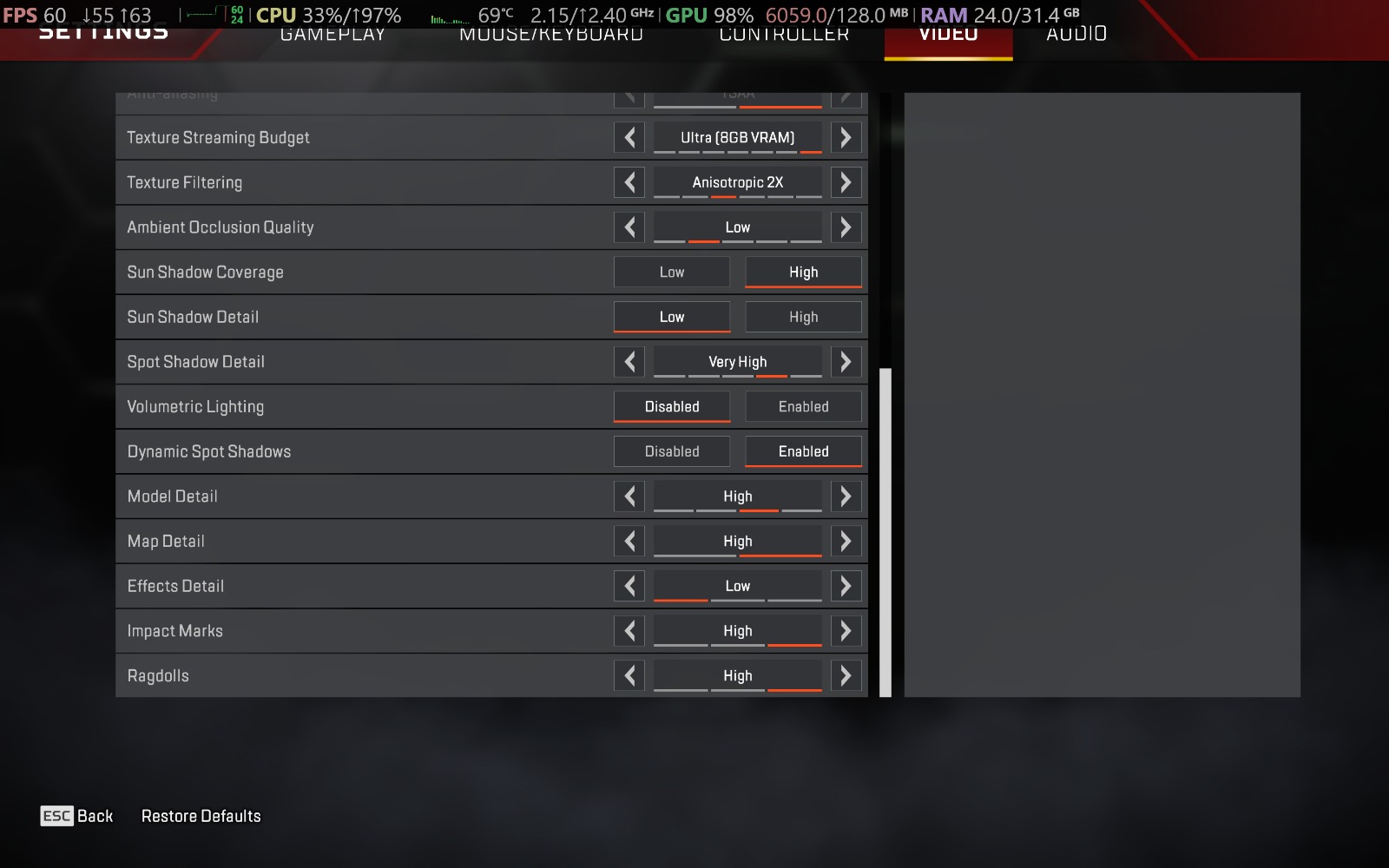 Apex Ultra  8GB VRAM Settings