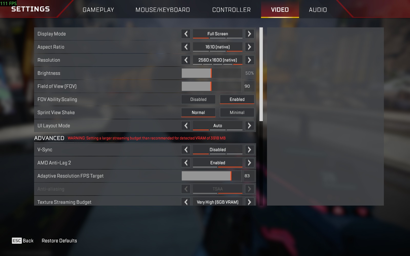 Apex  Very High VRAM 6GB