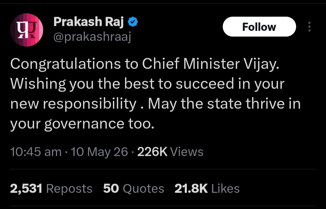 prakash raj wish Cm vijay
