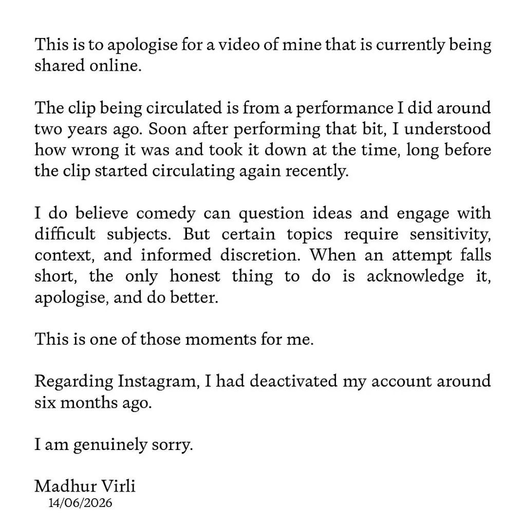 Madhur Virli apology statement