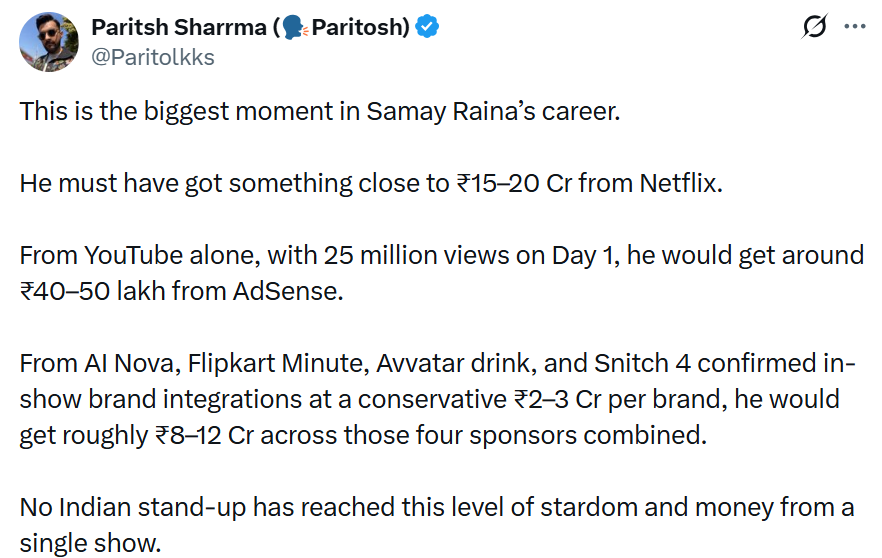 Samay Raina Indias Got Latent earning