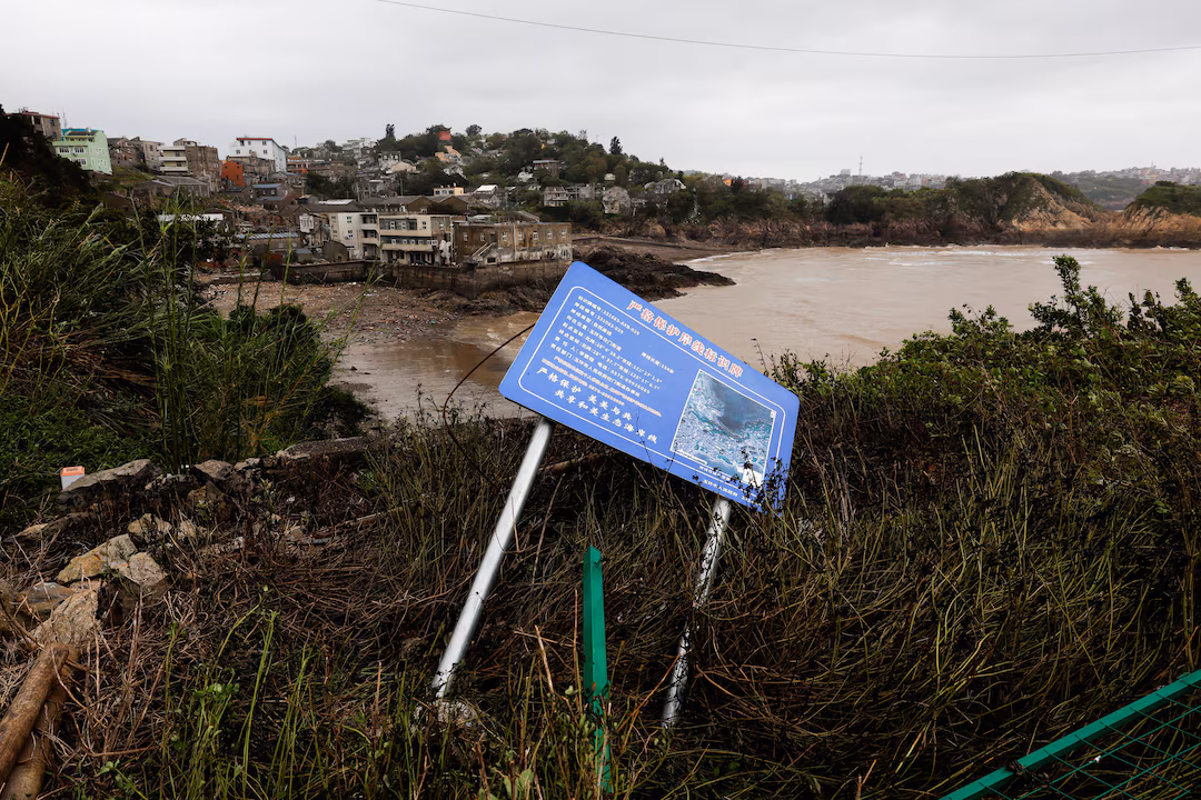 A toppled information sign in the aftermath of Typhoon Bavi in the coastal village of Dongsha, Taizhou, Zhejiang province,