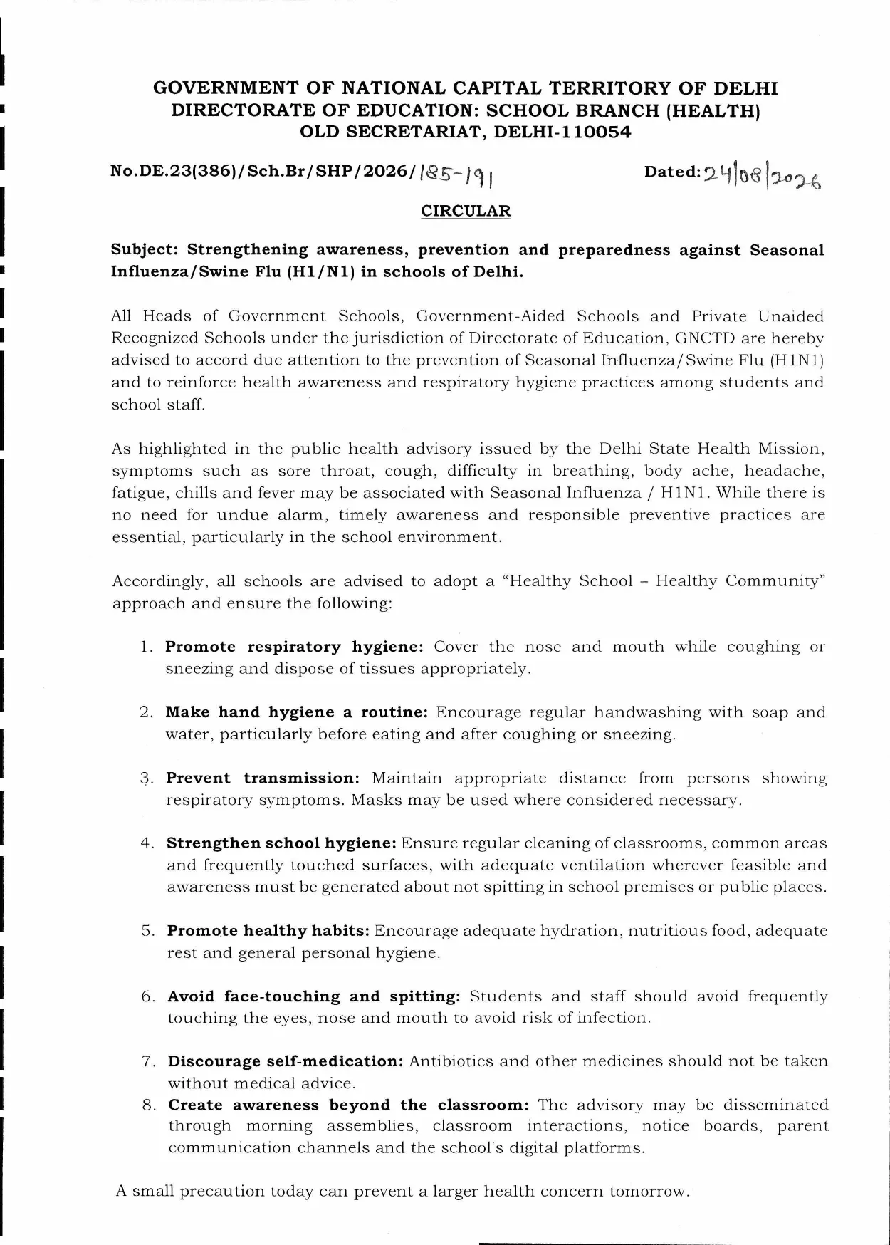 DoE H1N1 Delhi School Advisory