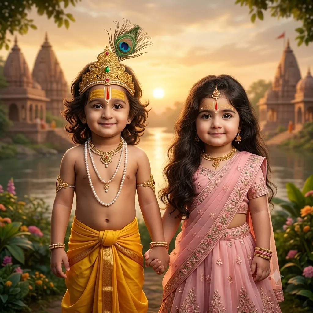 Krishna Radha Portrait With A Vrindavan Background