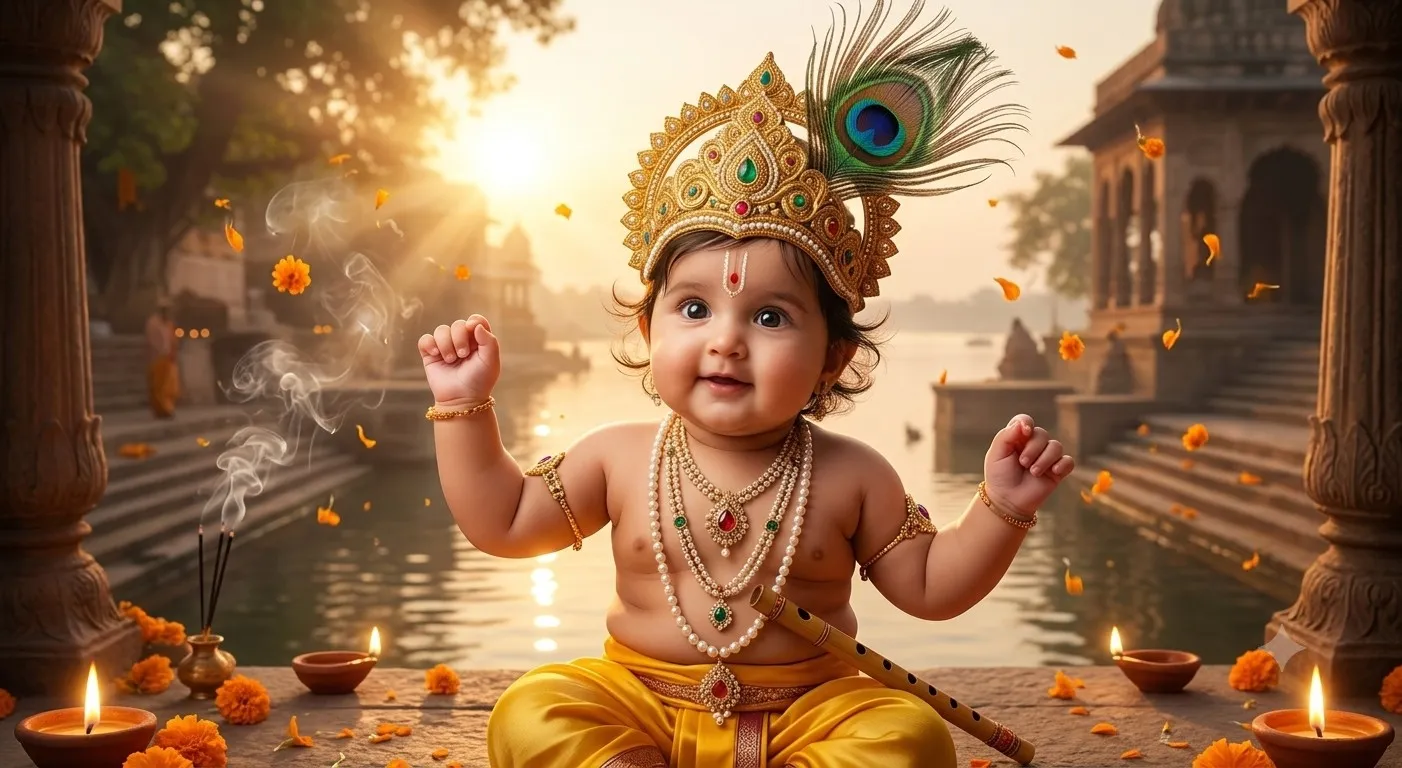 Little Krishna With Peacock Feather And Flute