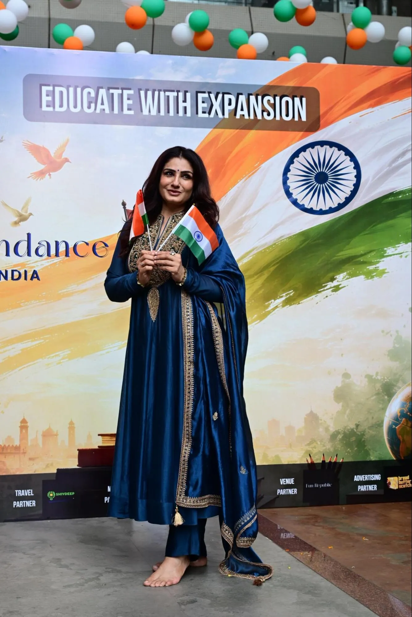 Raveena Tandon in teal Anarkali kurta set