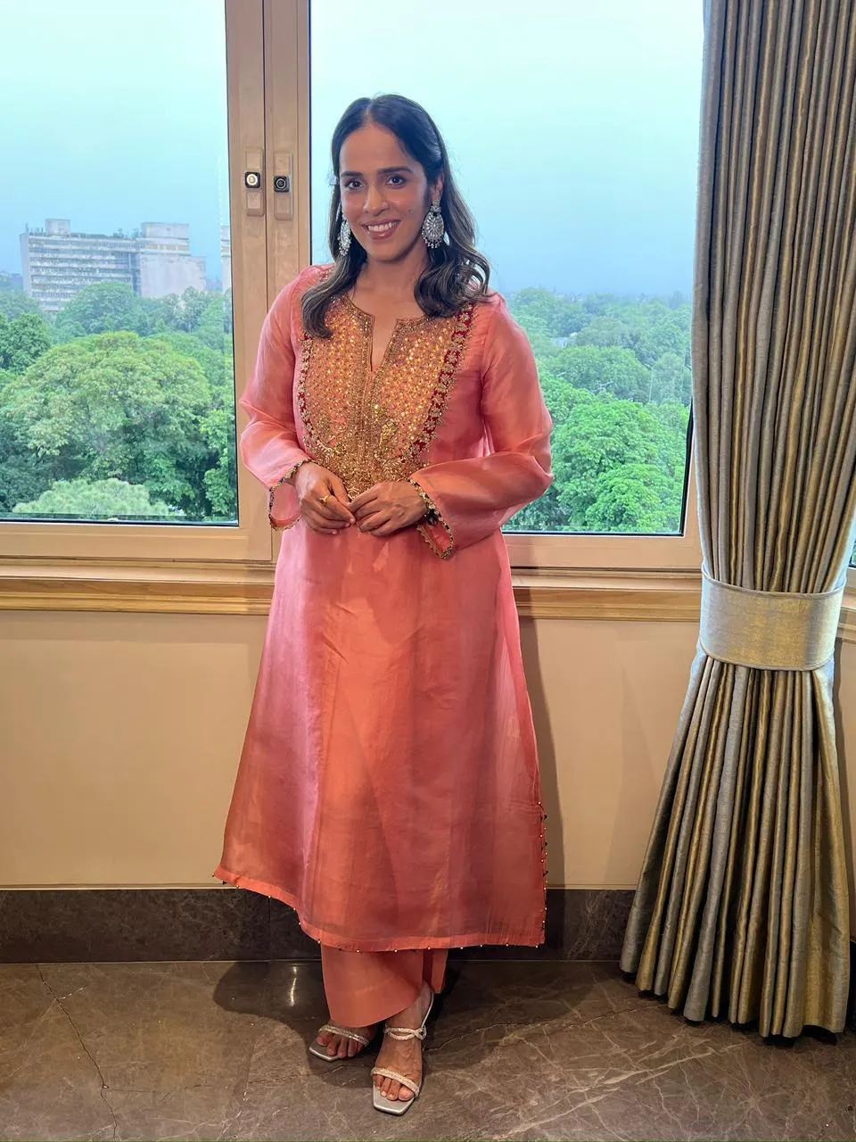 Saina Nehwal in peach organza straight kurta