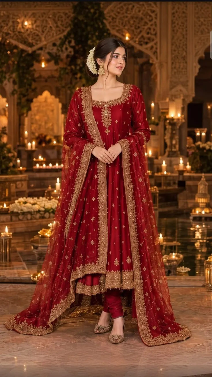 Classic Red Anarkali Suits With Gold Detailing