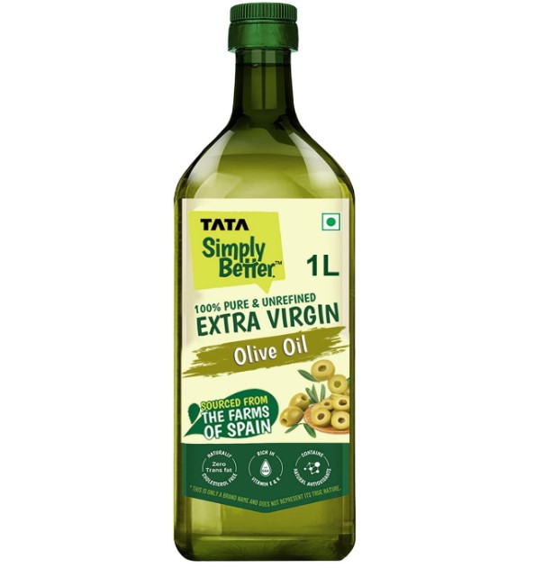 Tata Simply Better Pure & Unrefined Extra Virgin Olive Oil, A1 Grade Olives From The Farms of Spain, Cold Press Extraction, Cholesterol & Trans Fat-Free, Natural Antioxidants, Rich in Vitamin E & K