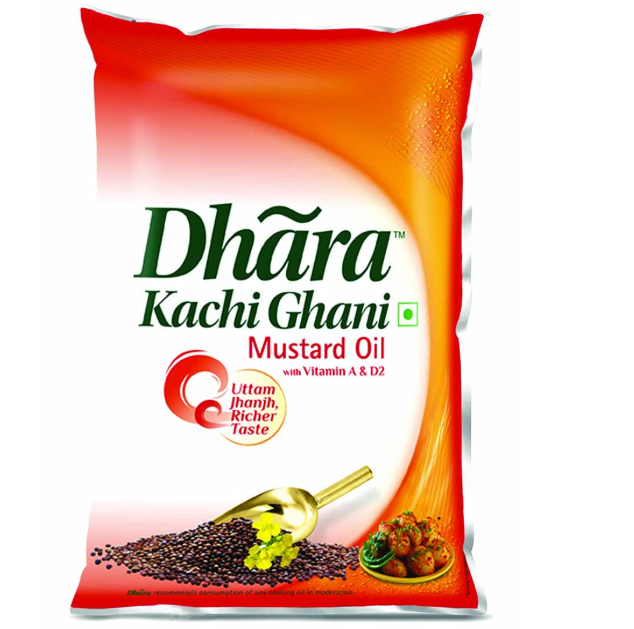 Dhara Kachi Ghani Mustard Oil (0% Trans Fat), 1 L Pouch