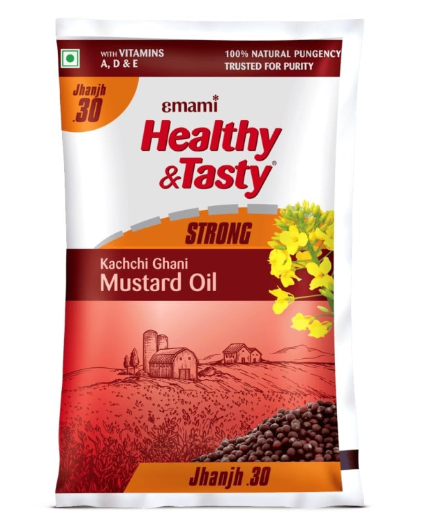 Emami Healthy & Tasty Strong Kachchi Ghani Mustard Oil Pouch, 825g.