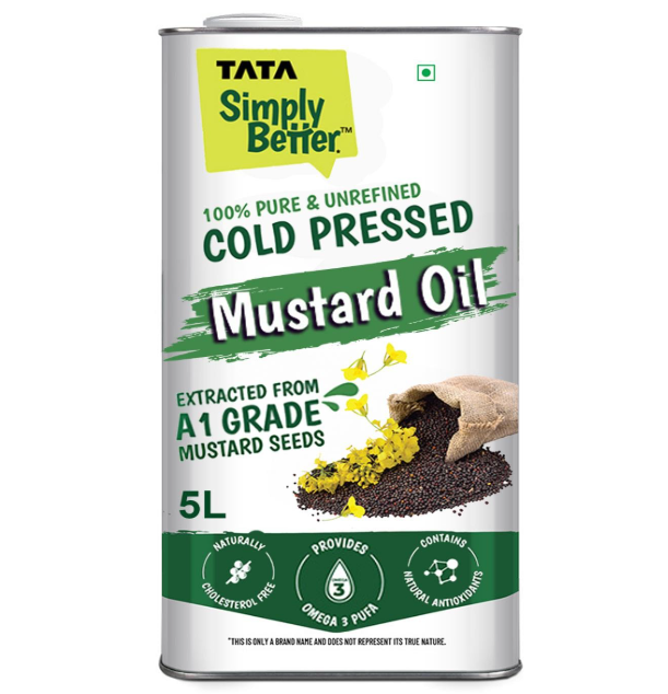 Tata Simply Better Pure & Unrefined Cold Pressed Mustard Oil,Naturally Cholesterol Free, 5L, Rich Aroma & Flavour of Real Mustard Seeds, A1 Grade Mustard Seeds