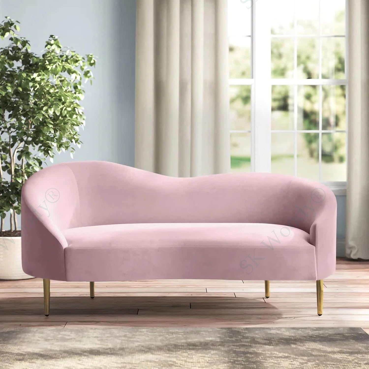 SK Woody Luxury Rosewood 2-Seater Settee Curved Sofa Diwan Couch for Bedroom, Living Room, Dining Room, Home Office, Lounge (Pink, 2 Seater)