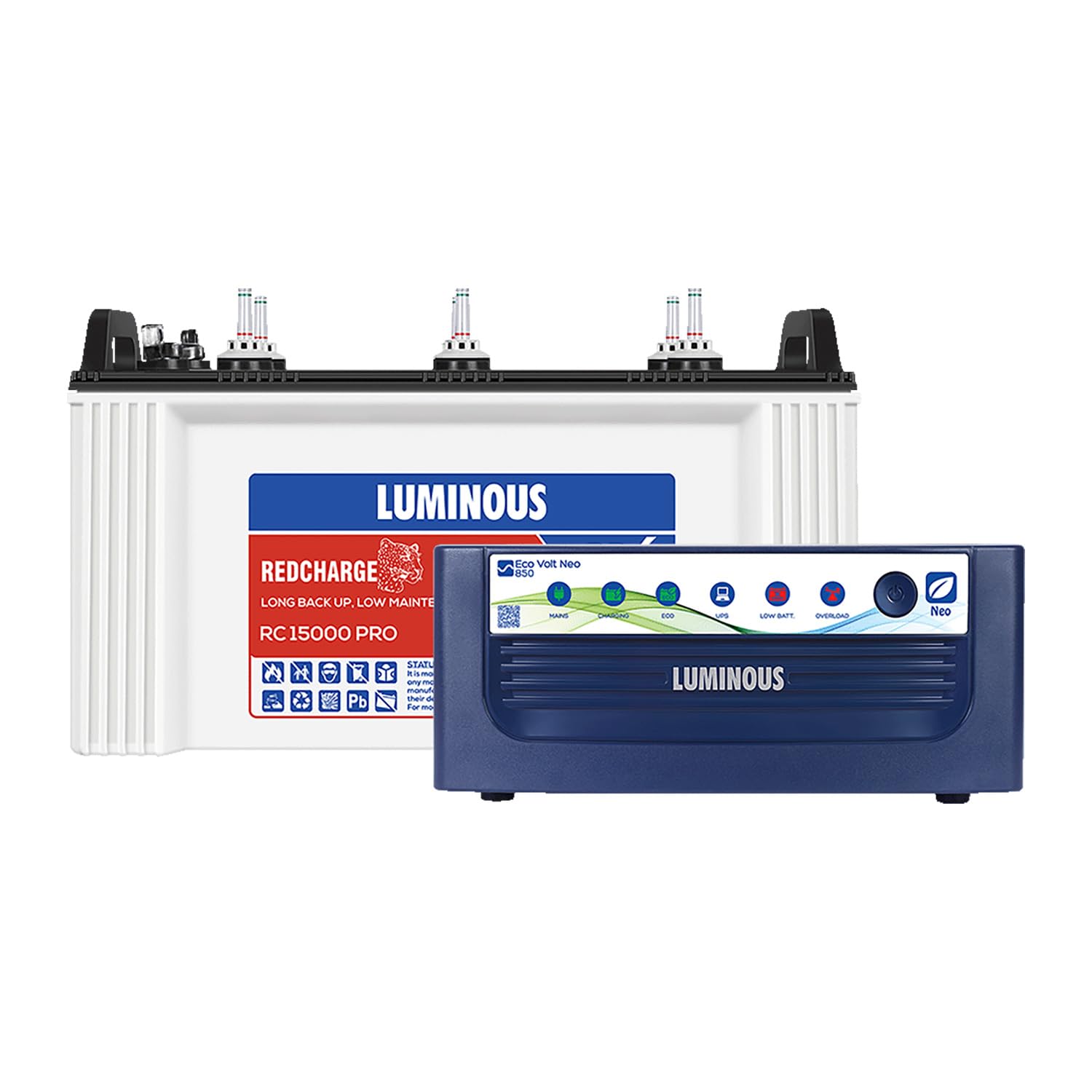 Luminous Eco Volt Neo 850 Pure Sine Wave 700VA/12V Inverter with Red Charge RC 15000PRO 120Ah Battery Combo 