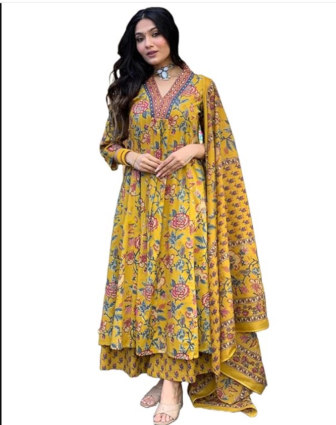 GoSriKi Women's Rayon Viscose Anarkali Printed Kurta with Palazzo & Dupatta