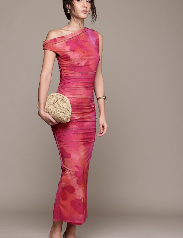 MANGO Floral Print Ruched Effect One Shoulder Mesh Party Bodycon Maxi Dress
