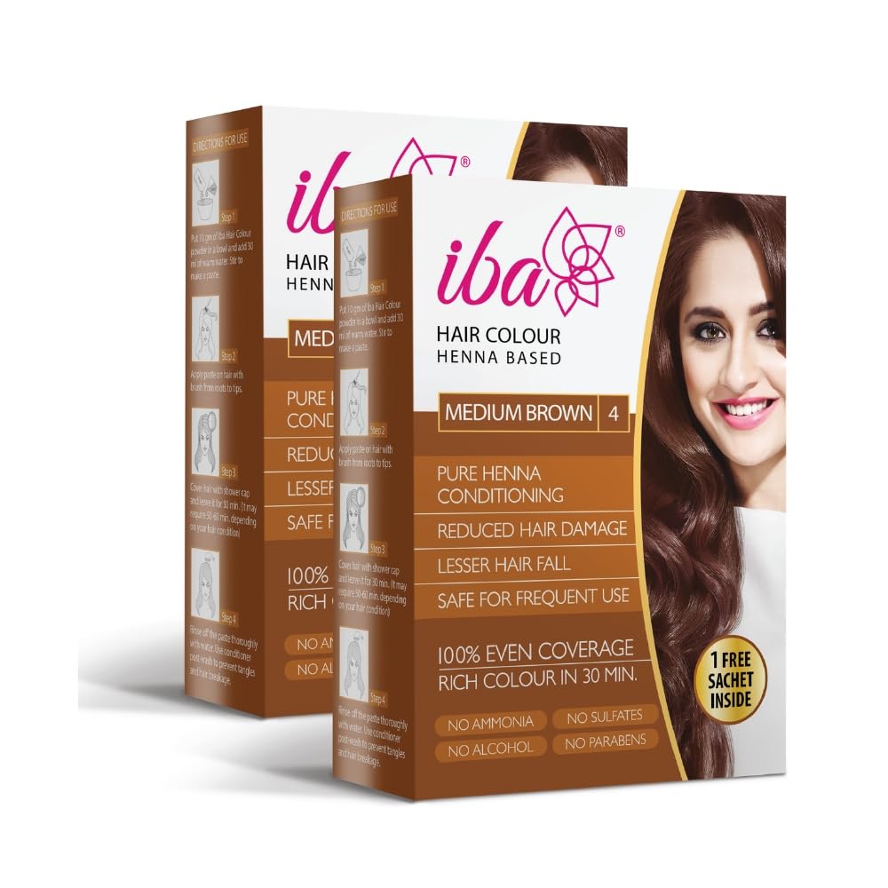 Iba Hair Colour for Women - Medium Brown, 70g (Pack of 2) | 100% Pure Henna Based Powder Sachet | Natural Hair Colour & Long Lasting with Conditioning Formula | Reduced Hair Fall & Hair Damage | Shine & Nourish Hair | Free from Ammonia and Other Harmful Chemicals | Herbal Hair Powder for Hair Color | Medium Brown Henna