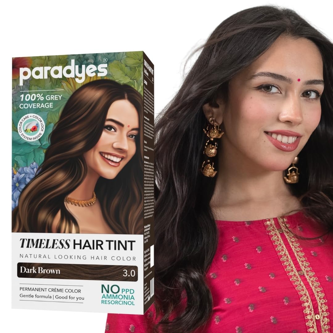 Paradyes Dark Brown Timeless Hair Tint, Permanent Crme Hair Colour for Natural-Looking Results, Complete Grey Coverage, Long-Lasting Formula Free from PPD, Ammonia, & Resorcinol, 3.0 Dark Brown