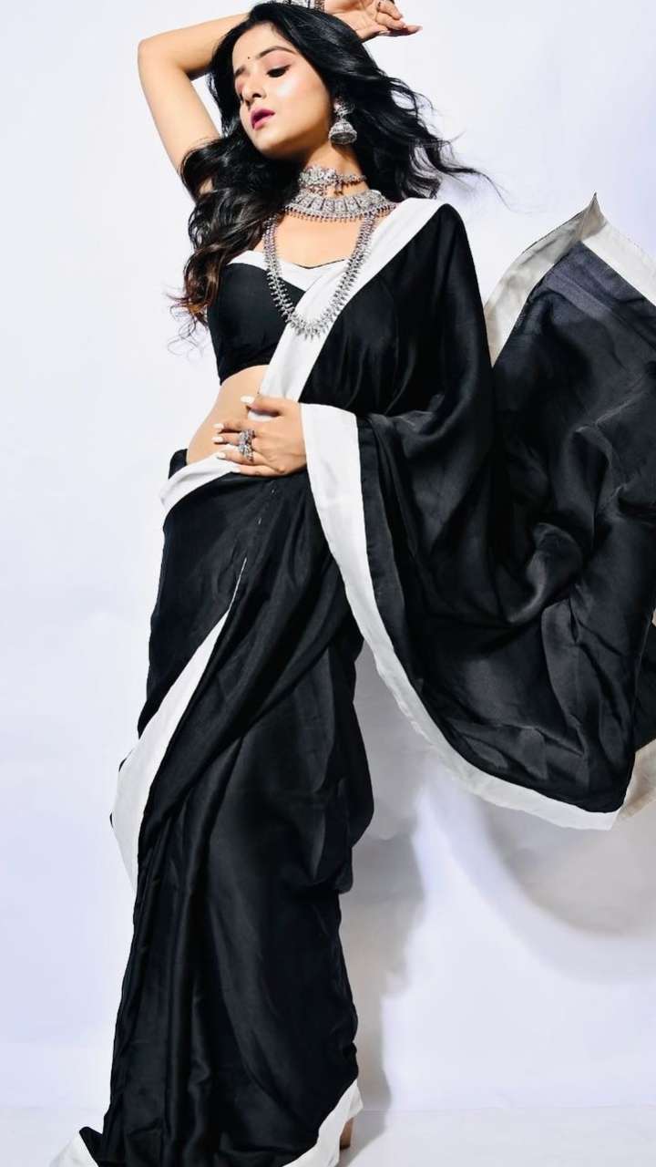 Western Style Black And White Saree With Designer Blouse