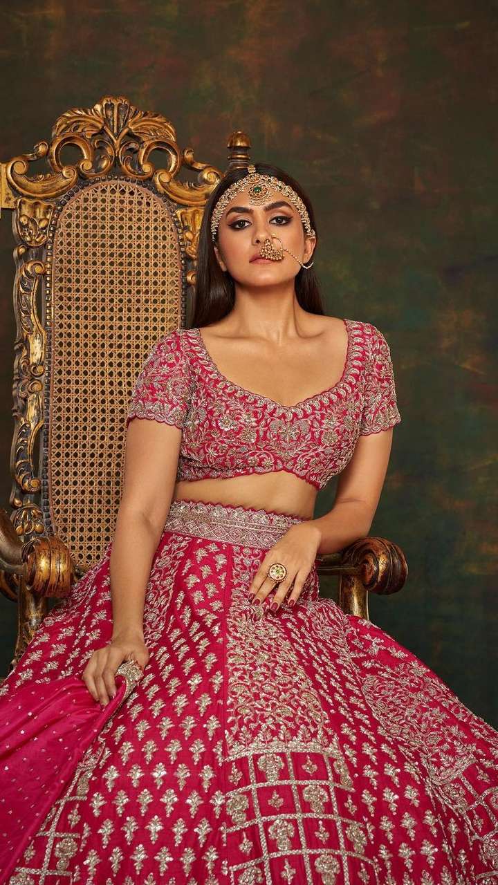 Rose Pink Cold Shoulder Blouse With Lehenga Skirt – Chhavvi Aggarwal