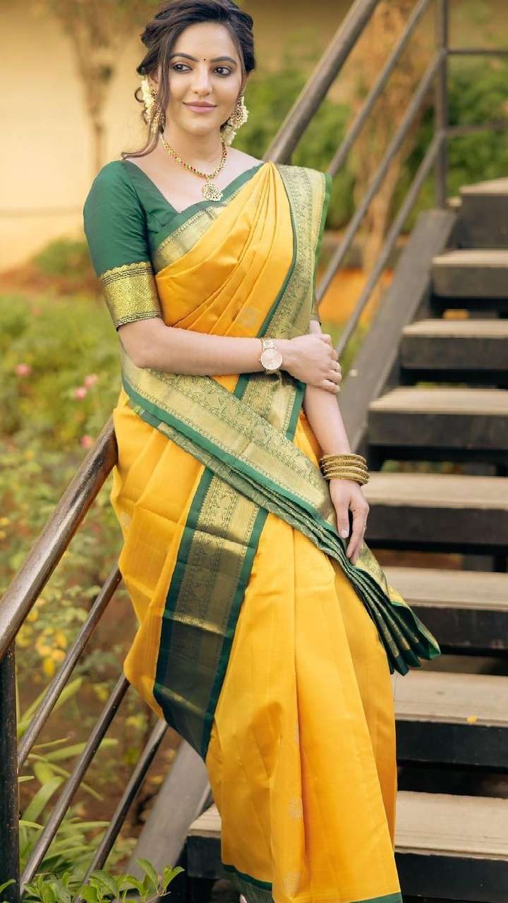 Yellow & Green Woven Kanjivaram Silk Saree - Urban Womania