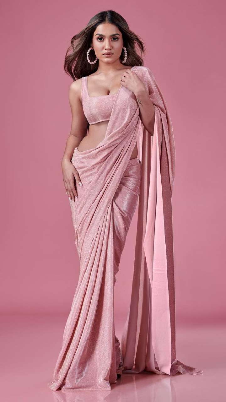 Rose Pink Floral Woven Satin Saree With Tassels