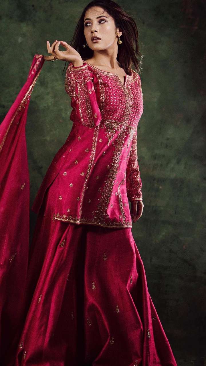 Embroidered Rani Pink Chinon Silk Sharara Suit - Urban Womania