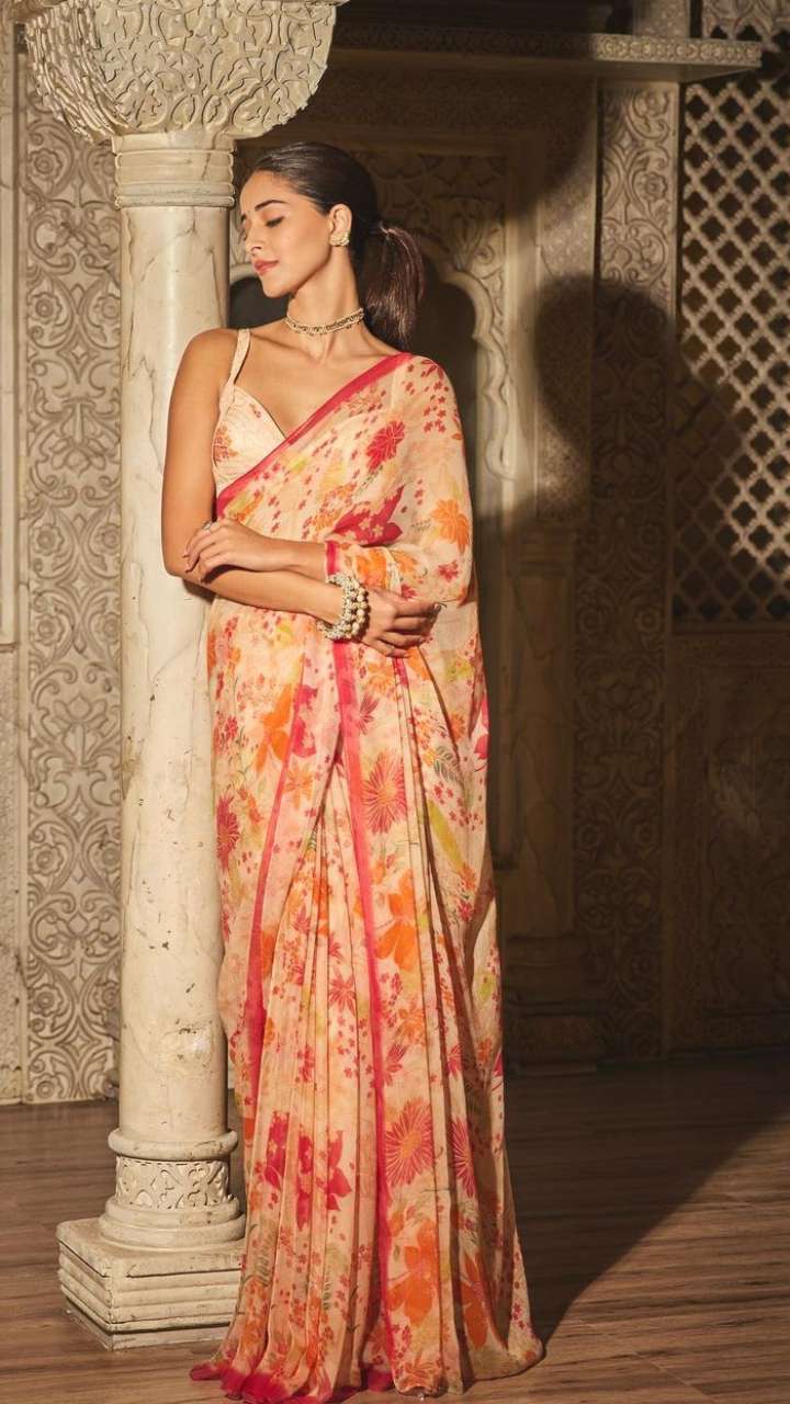 Pink-Orange Casual Wear Floral Printed Chiffon Saree With Fancy Blouse