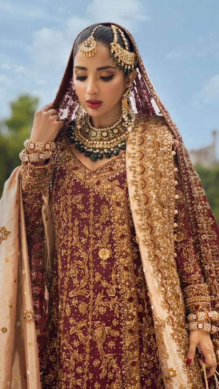 Pakistani Bridal Wear - Purple Short Shirt n Lehenga Dupatta