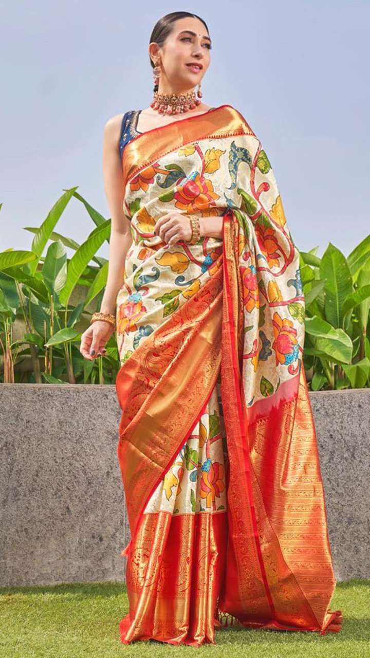 Karishma kapoor Wear Heavy Soft good Organza Net Orange Color Sari Coding and Thread Multi Work And Heavy Work Border with Hanging SequenceBorder