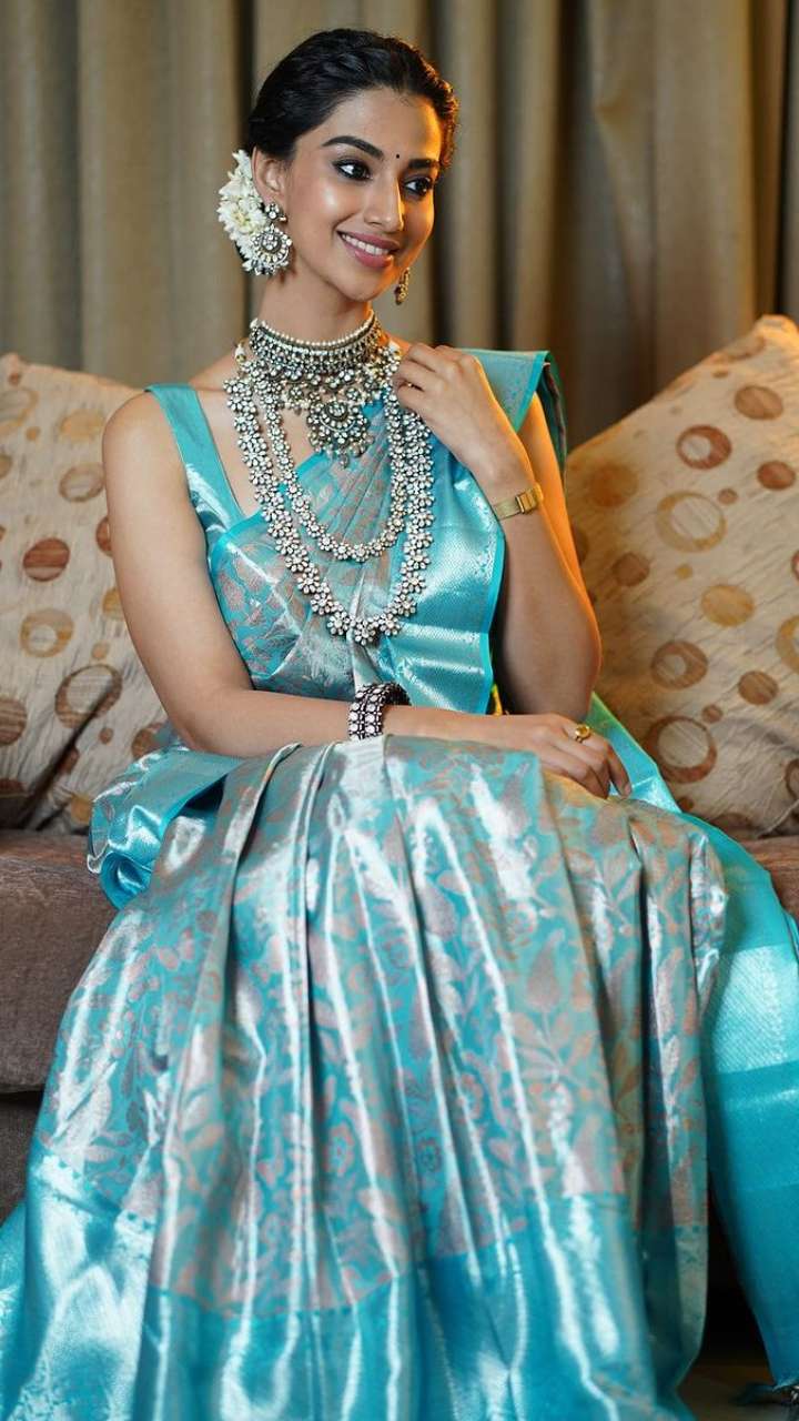 5 Alluring Sarees From Meenakshi Chaudhary's Closet To Shine